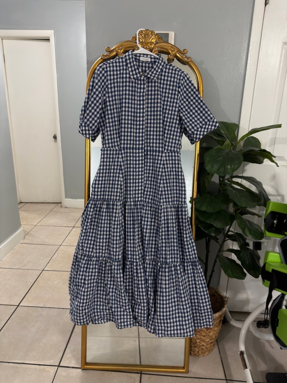 Calvin Klein Blue and White Gingham Tiered Maxi Dress